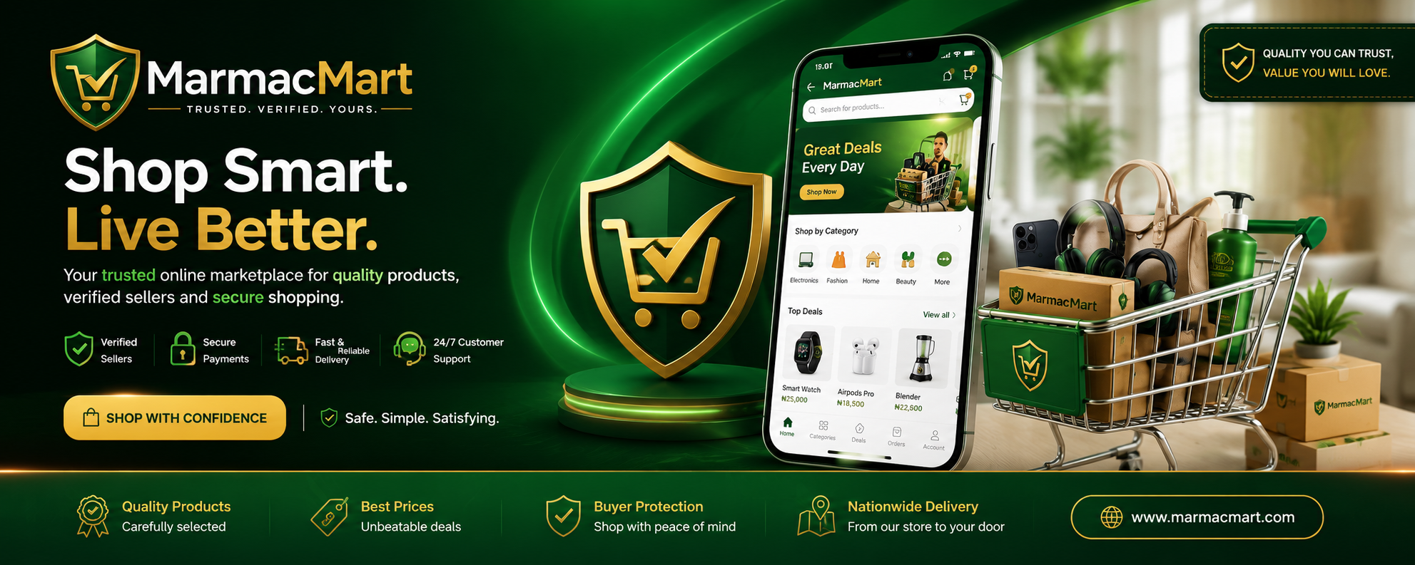 MarmacMart app showing verified sellers, top deals, and secure checkout
